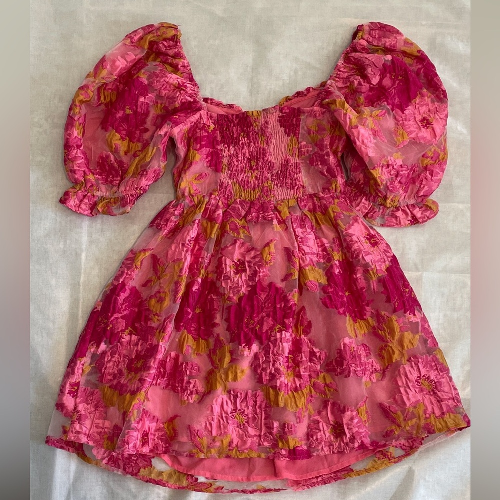 Buddy Love Colby Puff Sleeve Mini Dress Pink Floral Organza Small